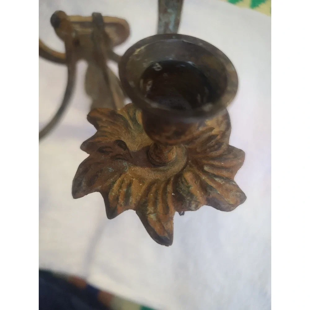 Vintage Cast Metal Double Candle Wall Sconce Ornate Verdigris Patina Rustic